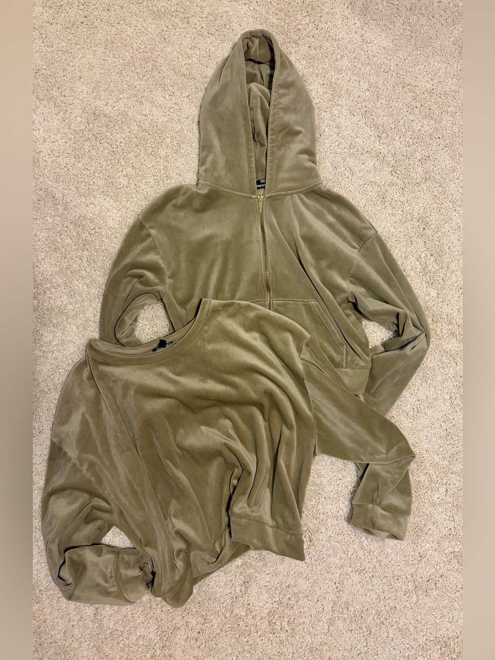 Express Olive Velour Hoodie and Crewneck Sweatshirt Set